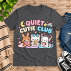 Quiet Cutie Club cute animal graphic t-shirt cozy flat lay in asphalt.