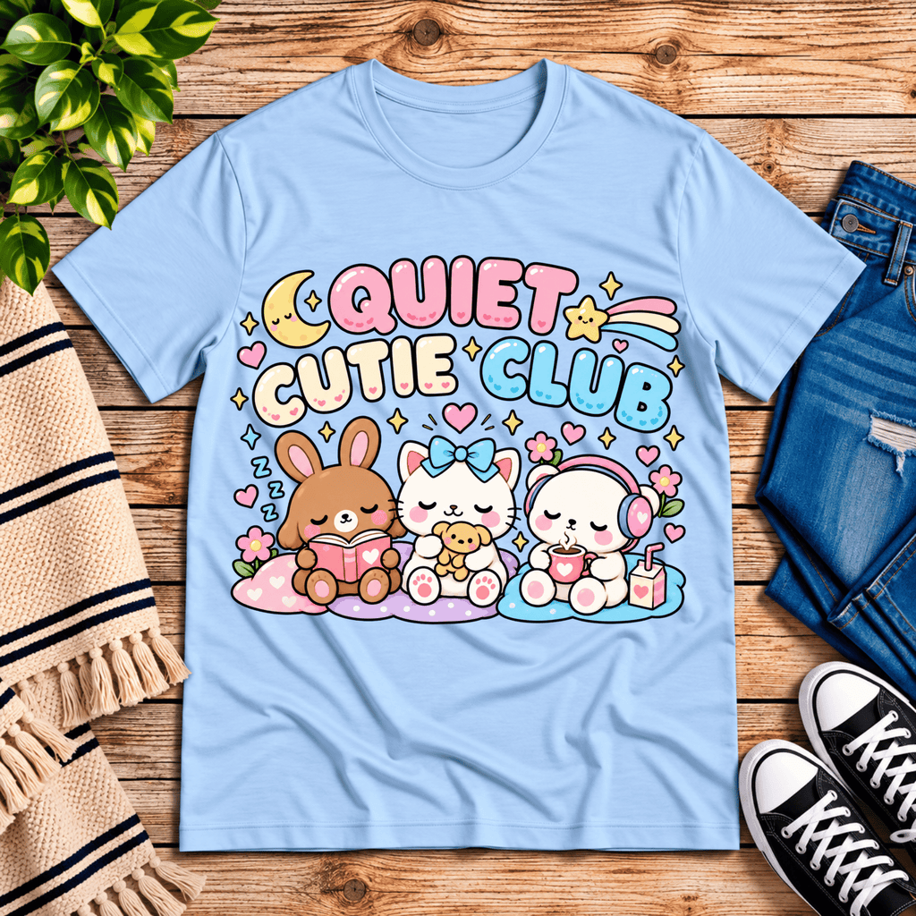 Quiet Cutie Club cute animal graphic t-shirt cozy flat lay in baby blue.