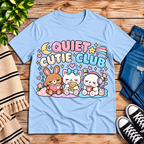 Quiet Cutie Club cute animal graphic t-shirt cozy flat lay in baby blue.