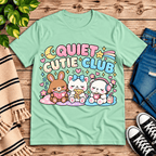 Quiet Cutie Club cute animal graphic t-shirt cozy flat lay in mint.