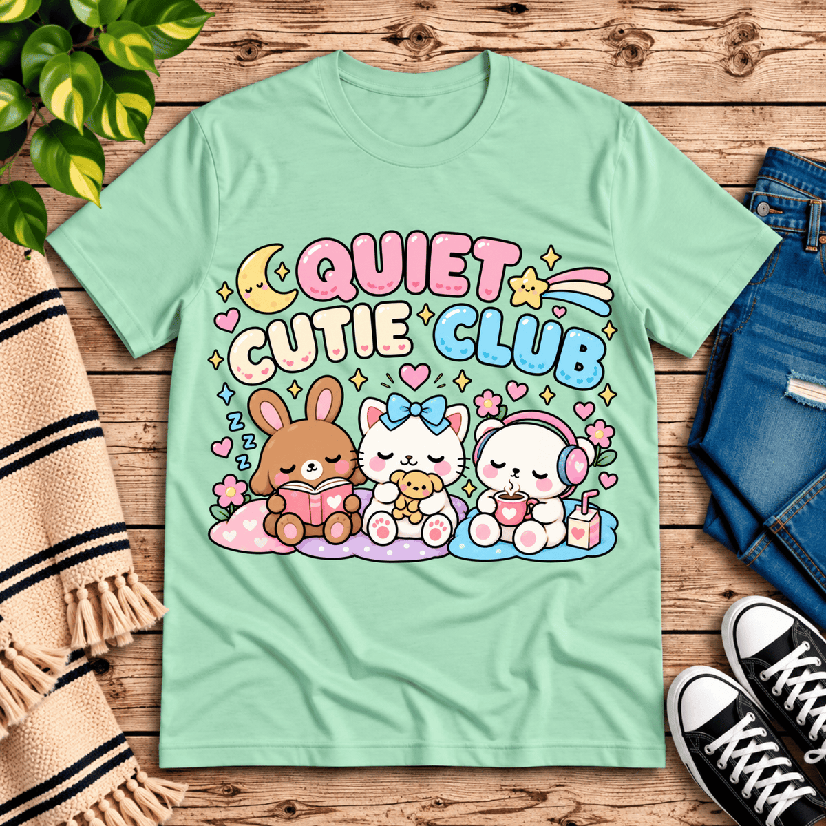Quiet Cutie Club cute animal graphic t-shirt cozy flat lay in mint.