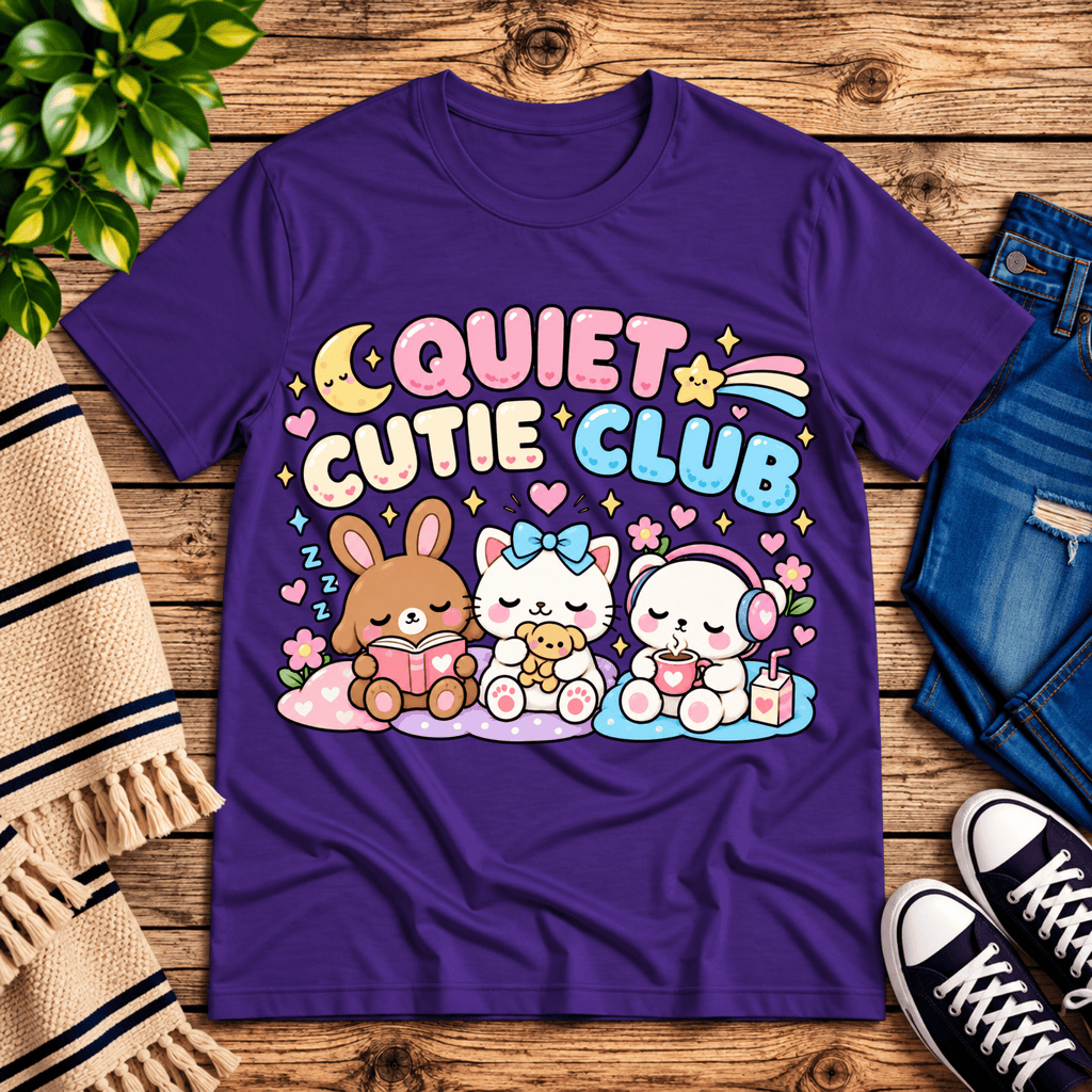 Quiet Cutie Club cute animal graphic t-shirt cozy flat lay in team purple.