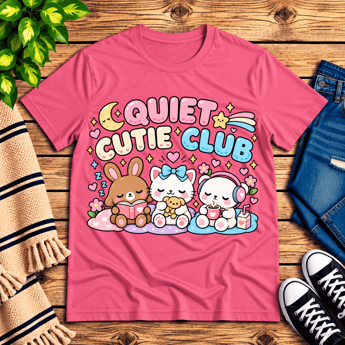 Quiet Cutie Club cute animal graphic t-shirt cozy flat lay in charity pink.