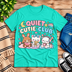 Quiet Cutie Club cute animal graphic t-shirt cozy flat lay in heather sea green.