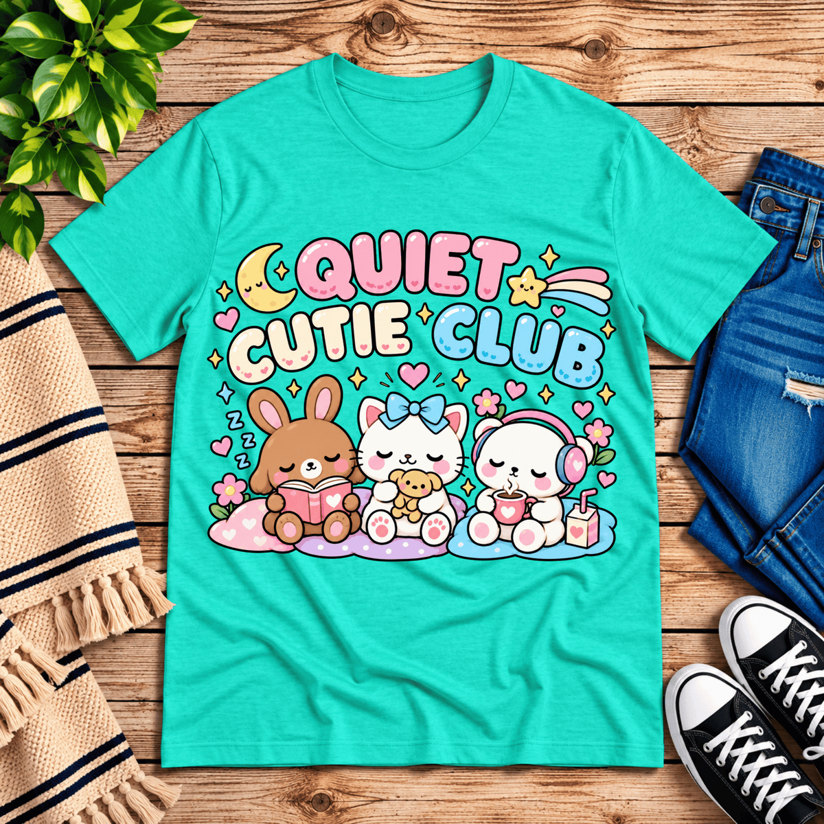 Quiet Cutie Club cute animal graphic t-shirt cozy flat lay in heather sea green.