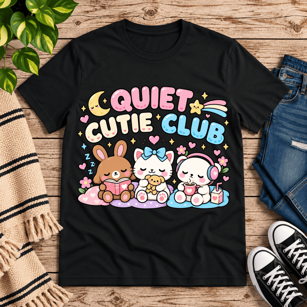 Quiet Cutie Club cute animal graphic t-shirt cozy flat lay in vintage black.