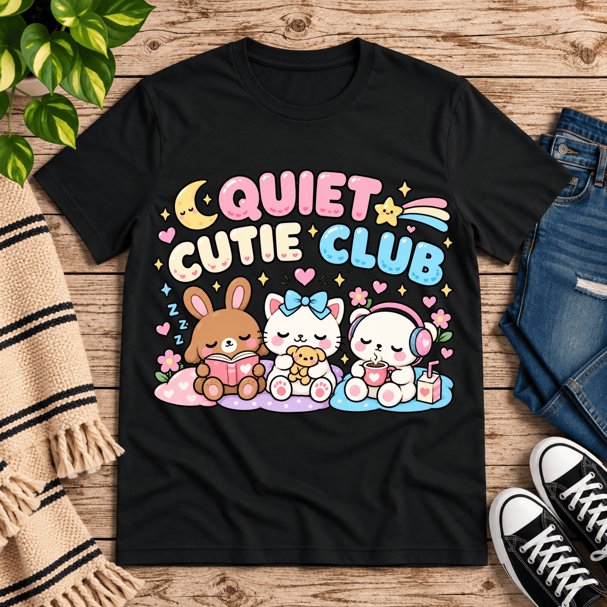 Quiet Cutie Club cute animal graphic t-shirt cozy flat lay in vintage black.