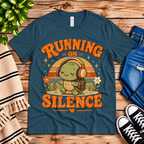 Running on Silence cute animal graphic t-shirt cozy flat lay in deep teal.