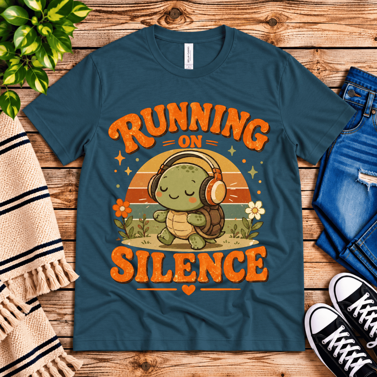 Running on Silence cute animal graphic t-shirt cozy flat lay in deep teal.