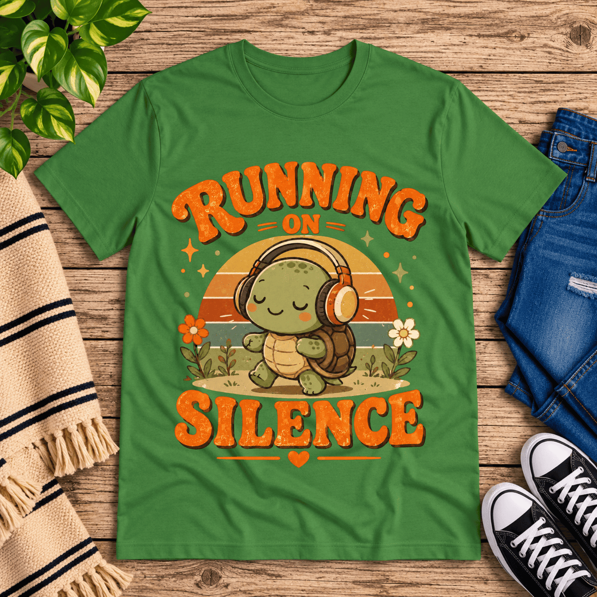 Running on Silence cute animal graphic t-shirt cozy flat lay in leaf.