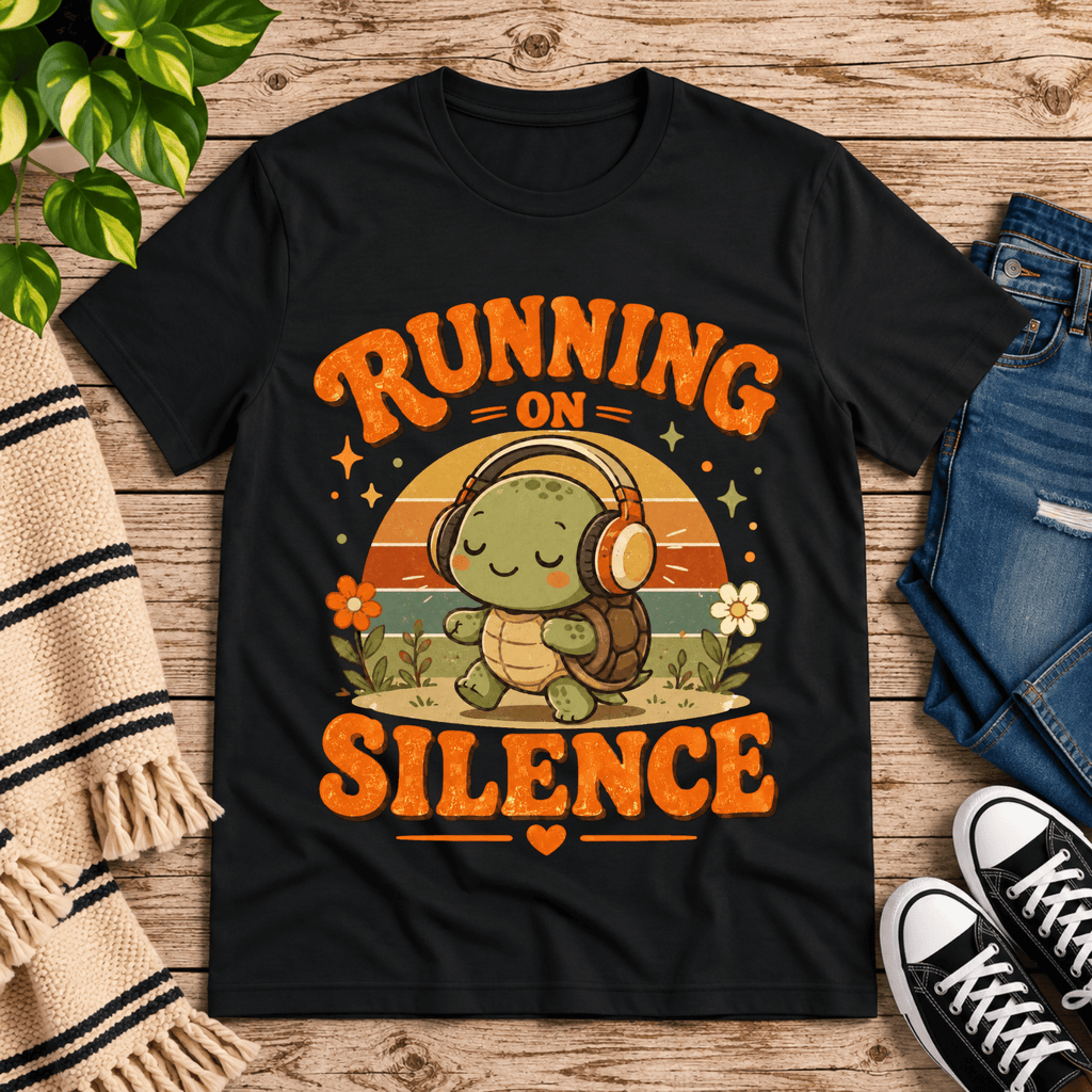Running on Silence cute animal graphic t-shirt cozy flat lay in vintage black.