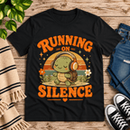 Running on Silence cute animal graphic t-shirt cozy flat lay in vintage black.