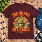 Running on Silence cute animal graphic t-shirt cozy flat lay in maroon.
