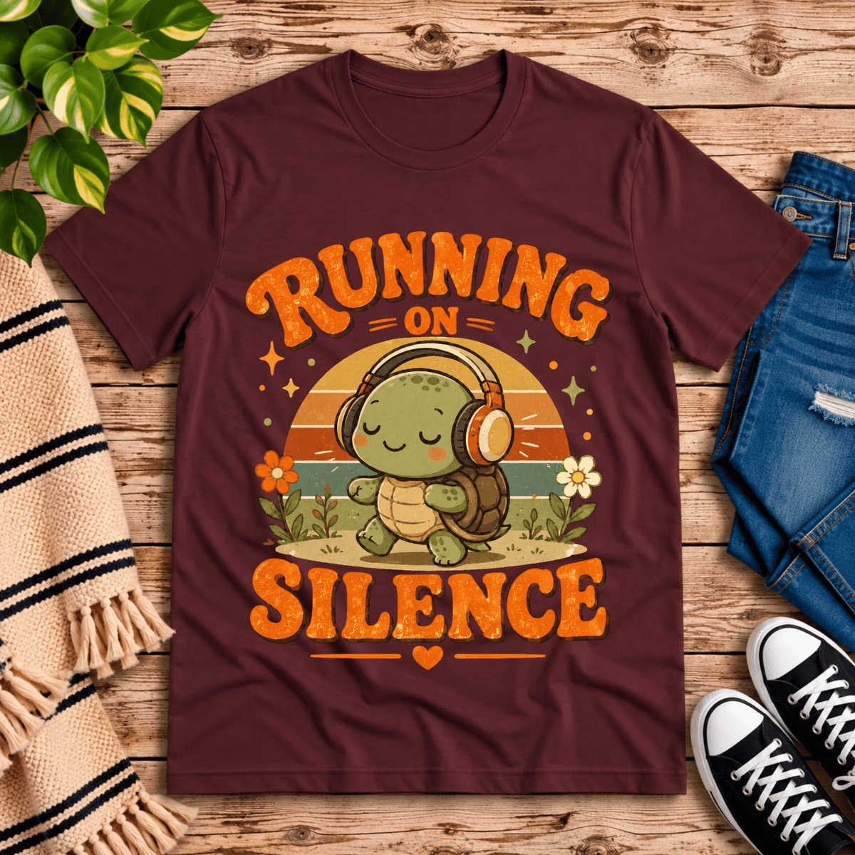 Running on Silence cute animal graphic t-shirt cozy flat lay in maroon.