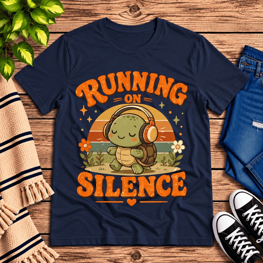 Running on Silence cute animal graphic t-shirt cozy flat lay in navy.
