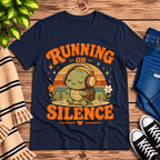 Running on Silence cute animal graphic t-shirt cozy flat lay in navy.