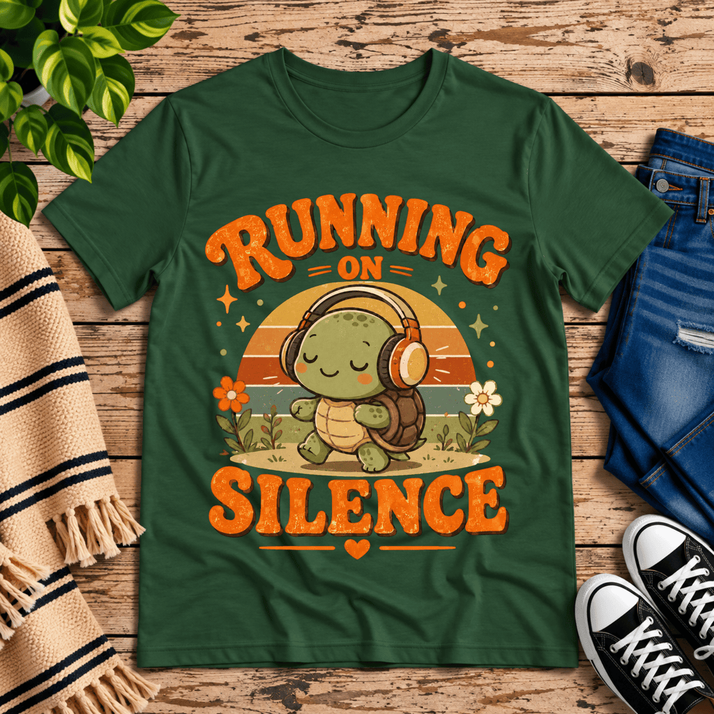 Running on Silence cute animal graphic t-shirt cozy flat lay in evergreen.
