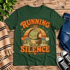 Running on Silence cute animal graphic t-shirt cozy flat lay in evergreen.