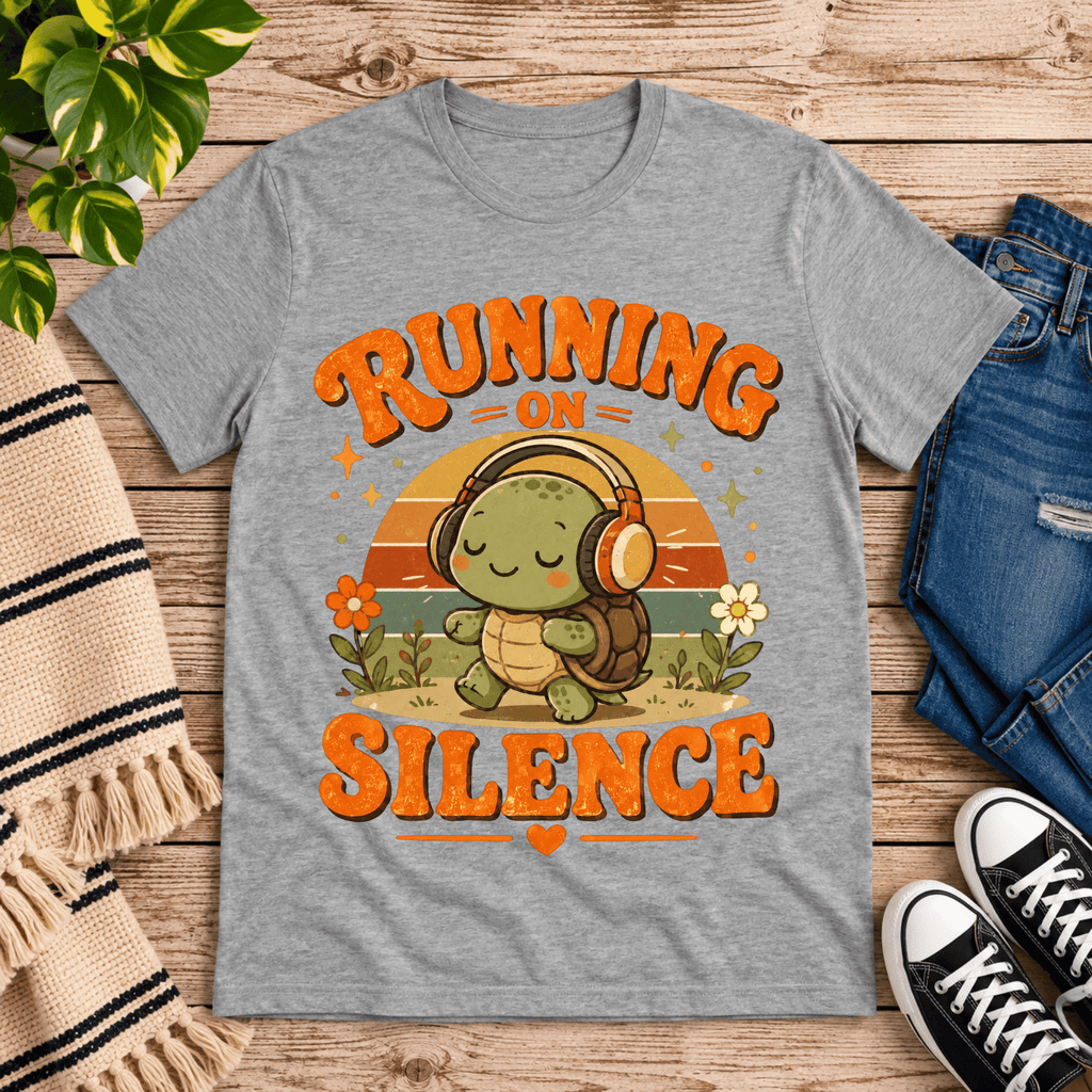 Running on Silence cute animal graphic t-shirt cozy flat lay in athletic heather.