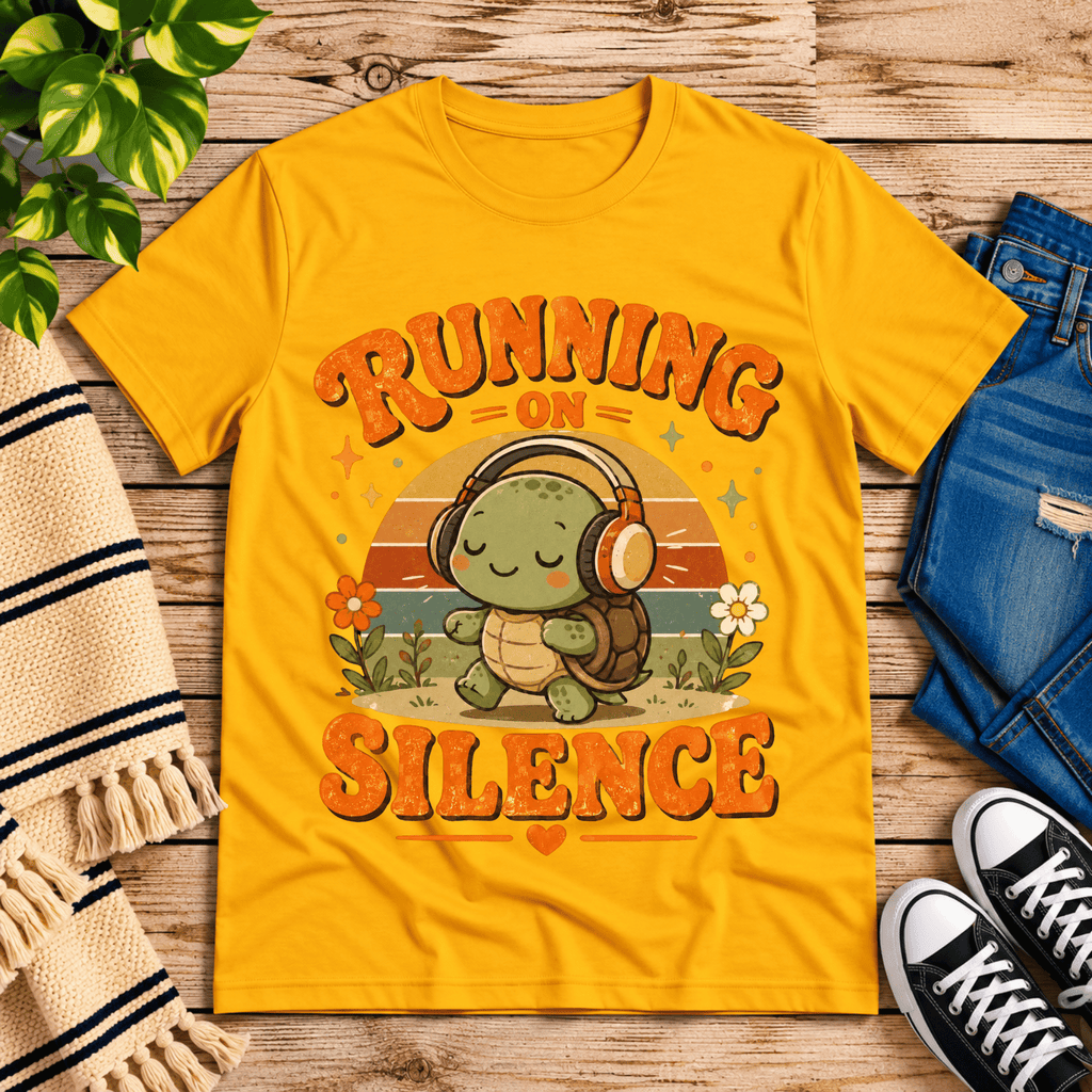 Running on Silence cute animal graphic t-shirt cozy flat lay in gold.
