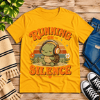Running on Silence cute animal graphic t-shirt cozy flat lay in gold.