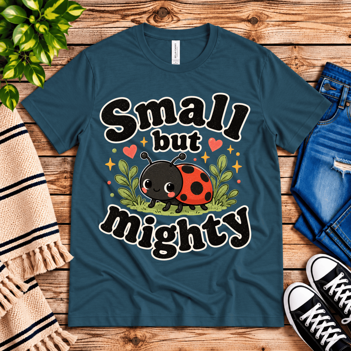 Small but Mighty cute animal graphic t-shirt cozy flat lay in deep teal.