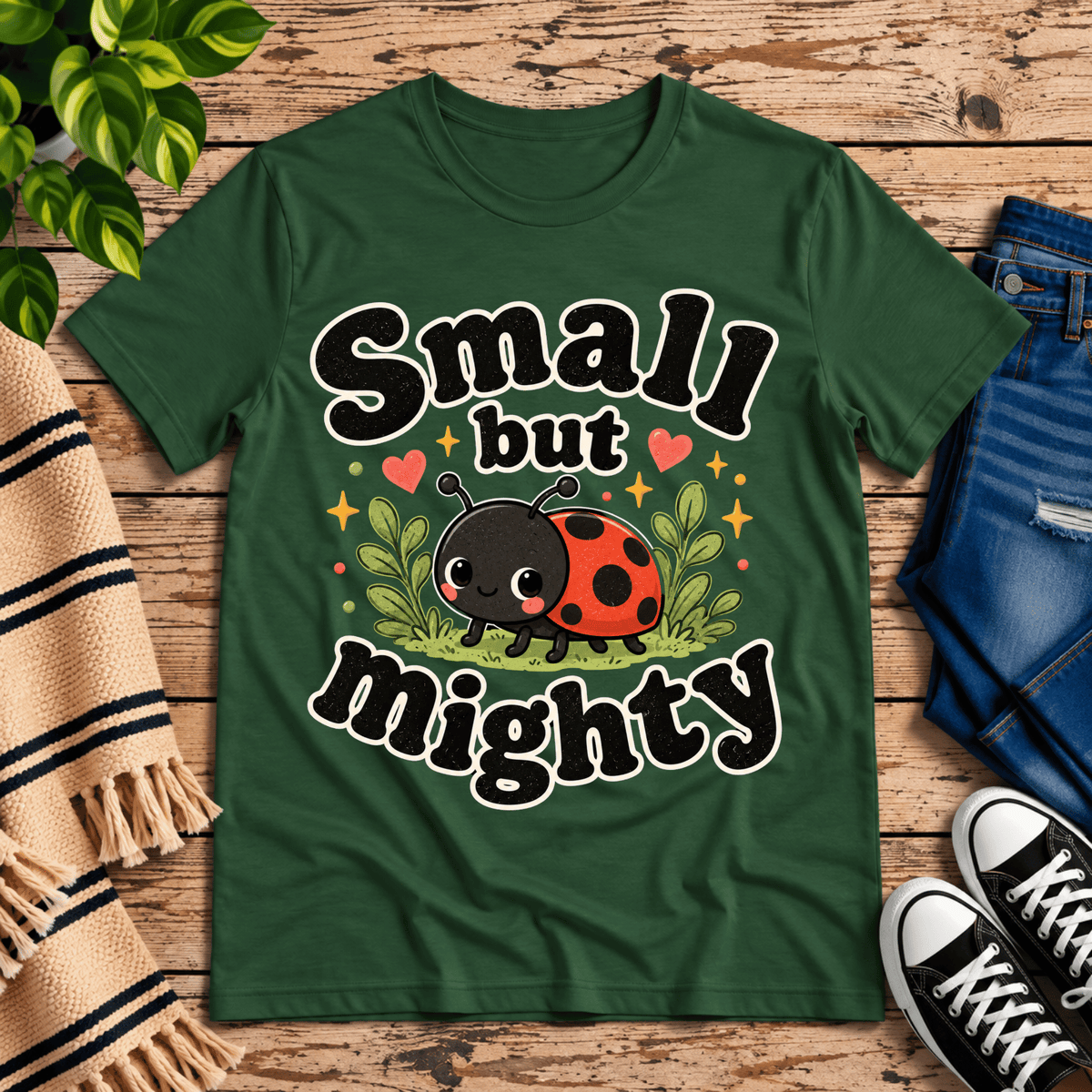 Small but Mighty cute animal graphic t-shirt cozy flat lay in evergreen.