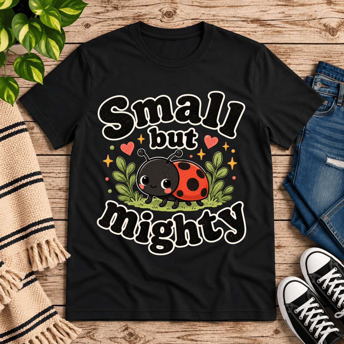 Small but Mighty cute animal graphic t-shirt cozy flat lay in vintage black.