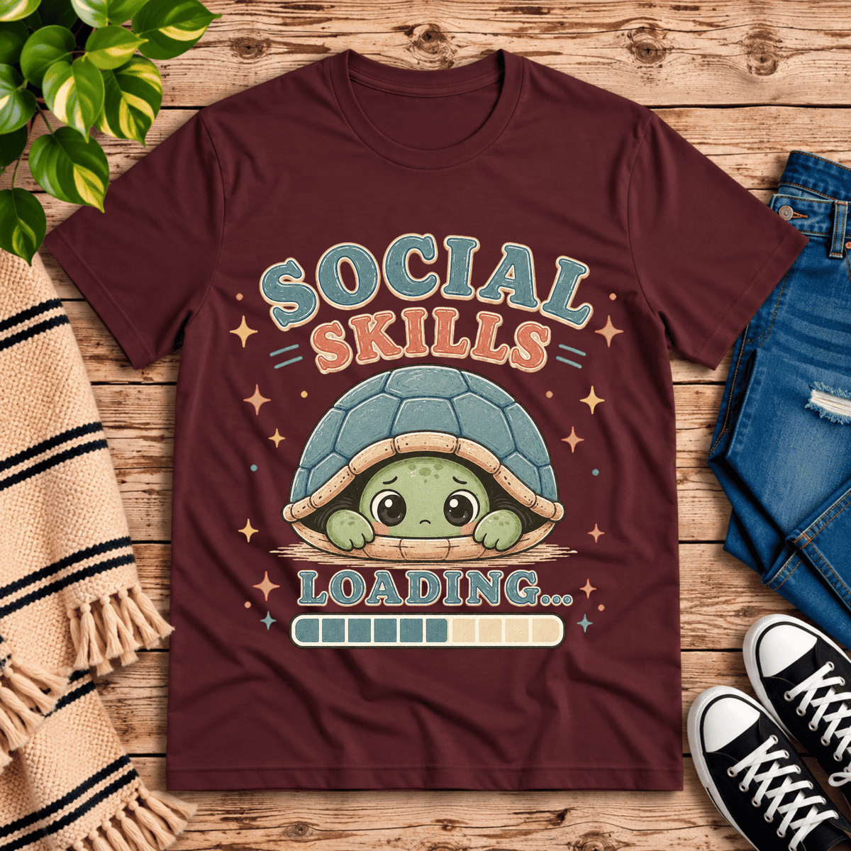 Social Skills cute animal graphic t-shirt cozy flat lay in maroon.