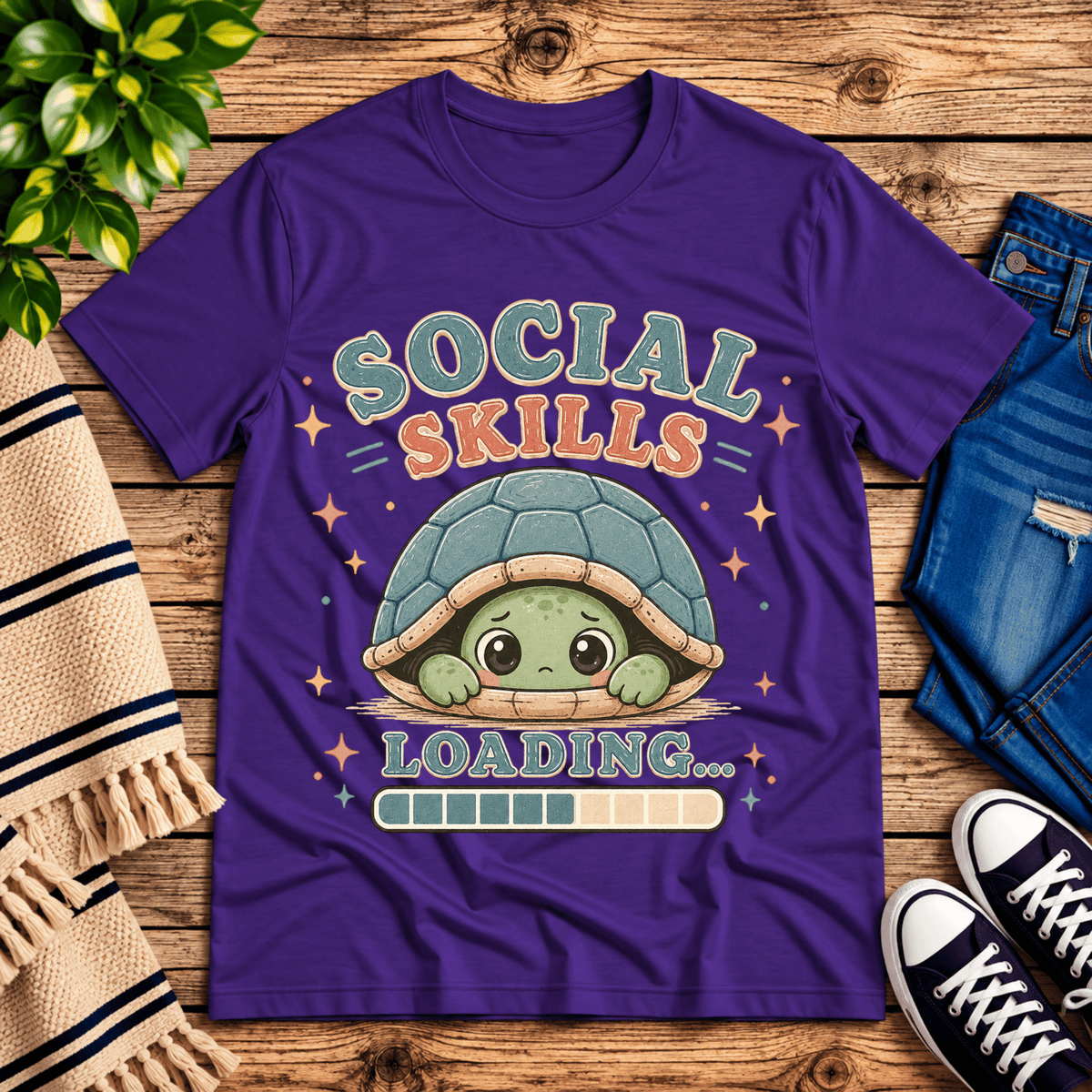 Social Skills cute animal graphic t-shirt cozy flat lay in team purple.