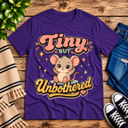Tiny But Unbothered cute animal graphic t-shirt cozy flat lay in team purple.