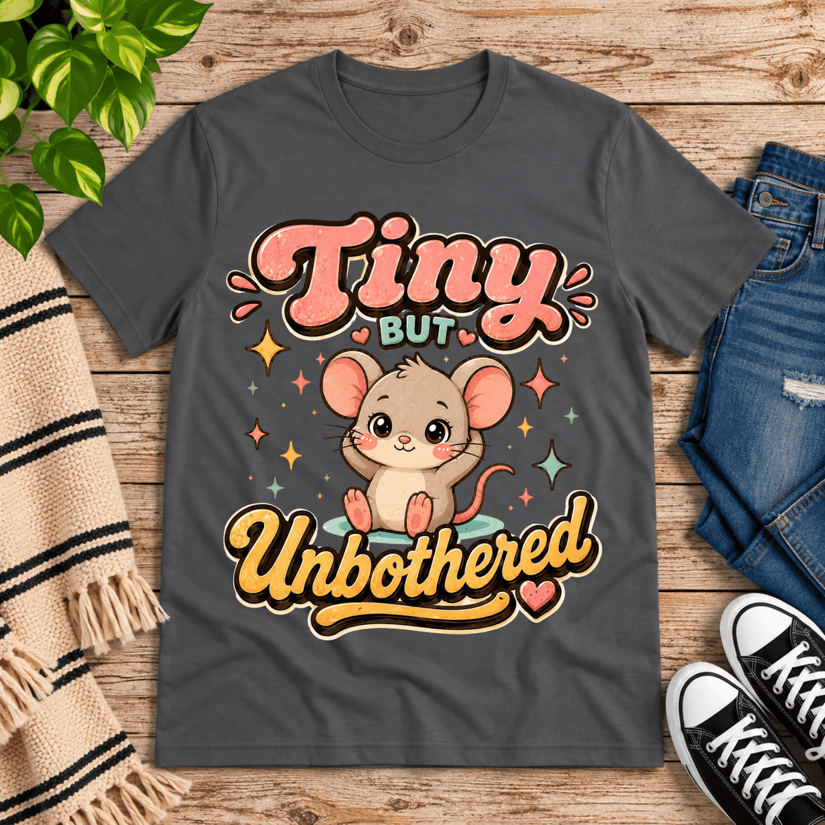 Tiny But Unbothered cute animal graphic t-shirt cozy flat lay in asphalt.