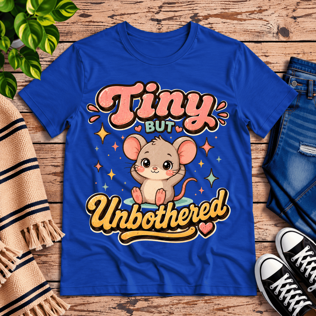 Tiny But Unbothered cute animal graphic t-shirt cozy flat lay in true royal.