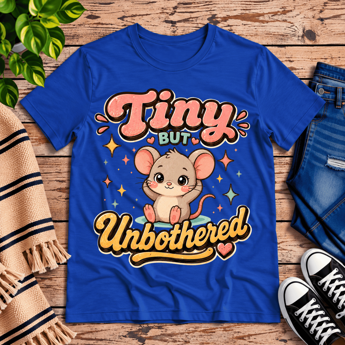 Tiny But Unbothered cute animal graphic t-shirt cozy flat lay in true royal.