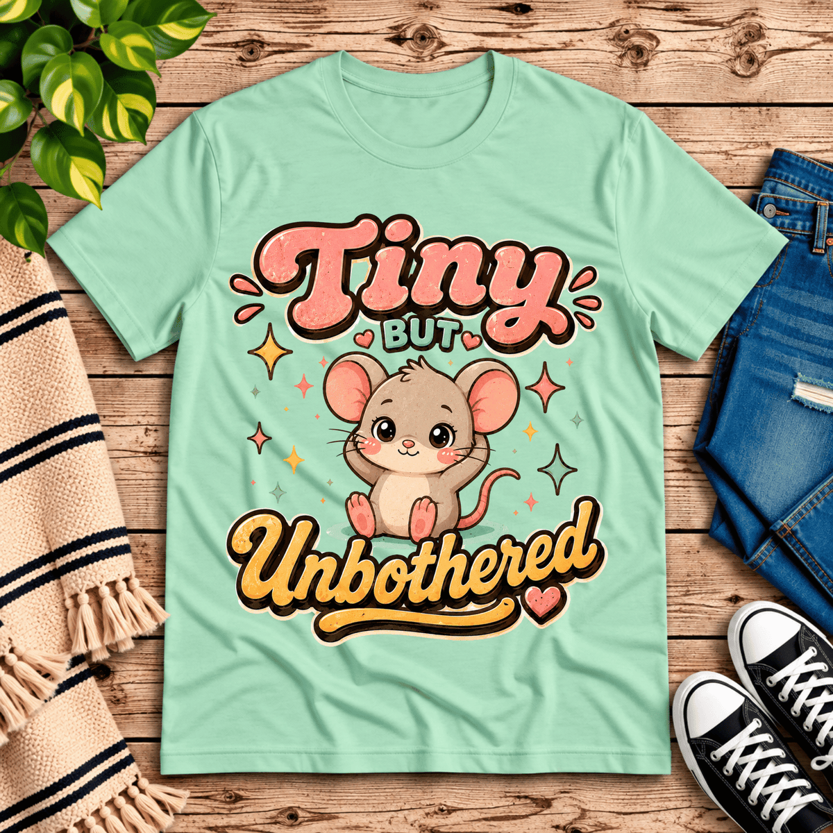 Tiny But Unbothered cute animal graphic t-shirt cozy flat lay in mint.