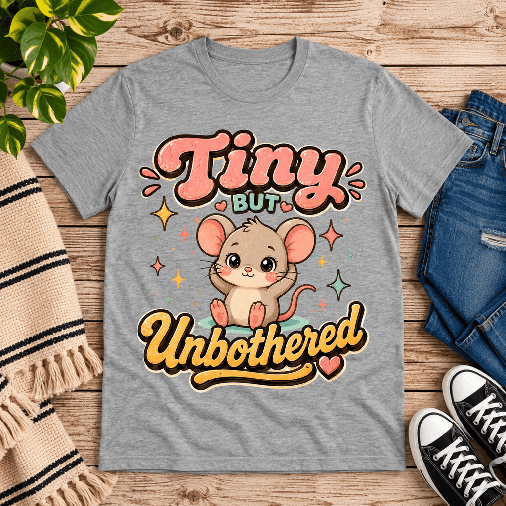 Tiny But Unbothered cute animal graphic t-shirt cozy flat lay in athletic heather.
