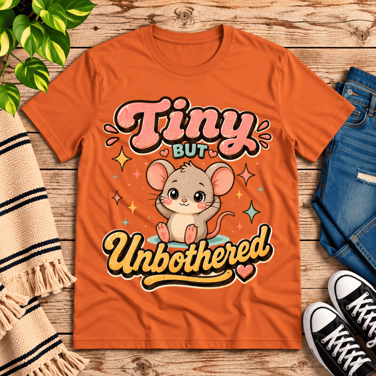 Tiny But Unbothered cute animal graphic t-shirt cozy flat lay in burnt orange.