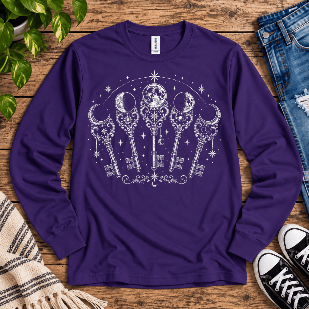 Moon Phase Keys mystical magic graphic long sleeve cozy flat lay in deep purple.