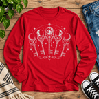 Moon Phase Keys mystical magic graphic long sleeve cozy flat lay in true red.