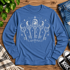 Moon Phase Keys mystical magic graphic long sleeve cozy flat lay in denim.
