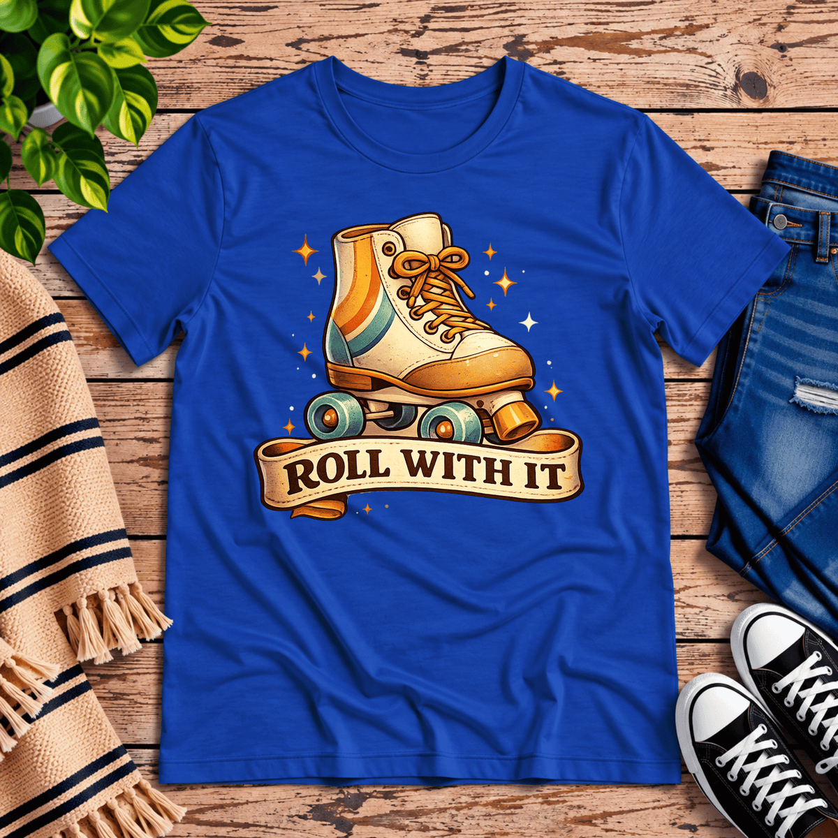 Roll With It retro introvert graphic t-shirt cozy flat lay in true royal.
