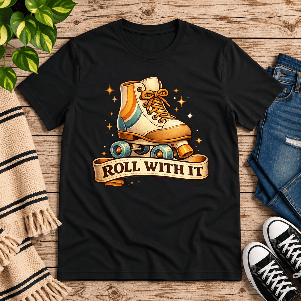 Roll With It retro introvert graphic t-shirt cozy flat lay in vintage black.