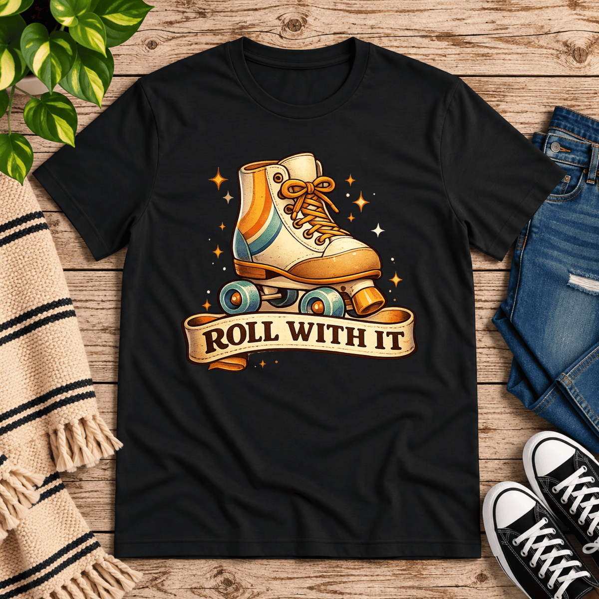 Roll With It retro introvert graphic t-shirt cozy flat lay in vintage black.
