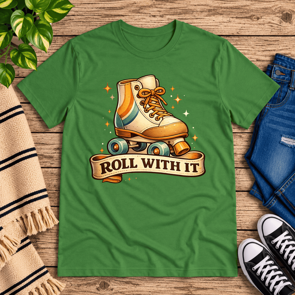 Roll With It retro introvert graphic t-shirt cozy flat lay in leaf.