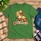 Roll With It retro introvert graphic t-shirt cozy flat lay in leaf.