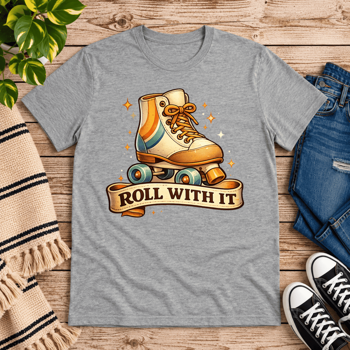 Roll With It retro introvert graphic t-shirt cozy flat lay in athletic heather.