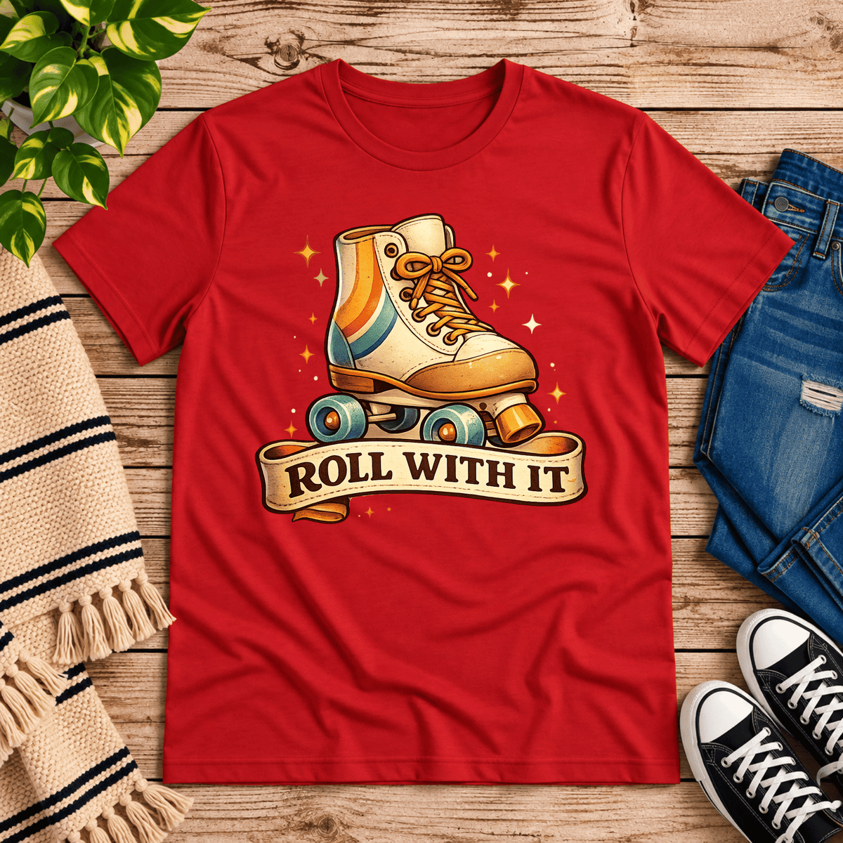 Roll With It retro introvert graphic t-shirt cozy flat lay in red.