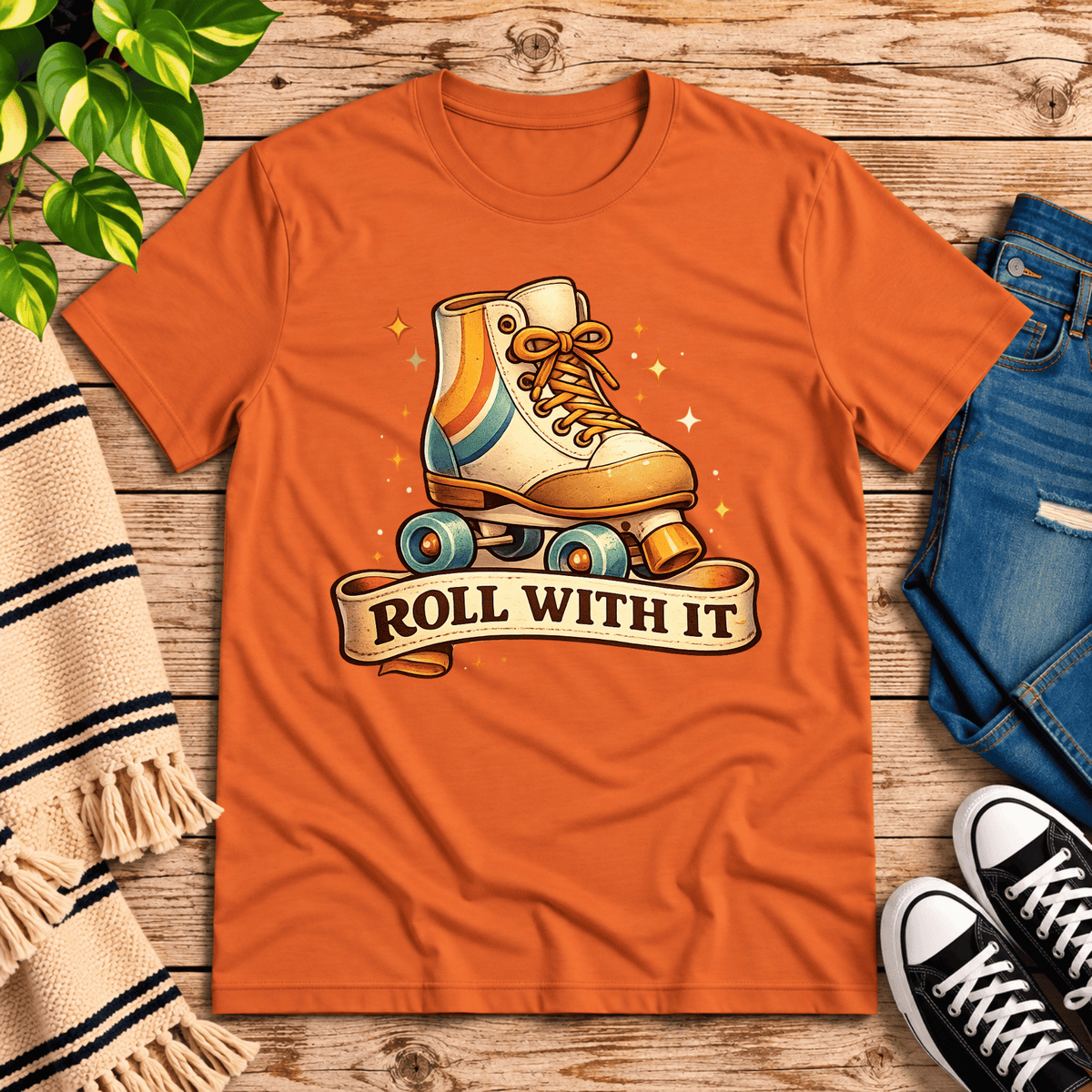 Roll With It retro introvert graphic t-shirt cozy flat lay in burnt orange.