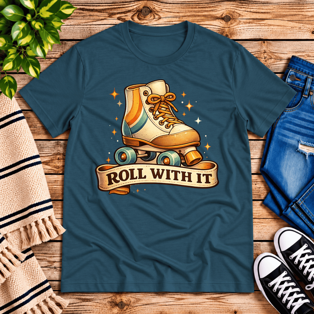 Roll With It retro introvert graphic t-shirt cozy flat lay in deep teal.