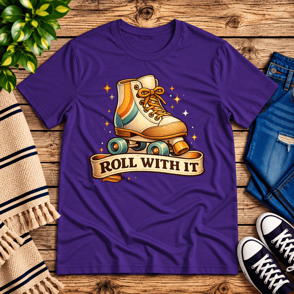 Roll With It retro introvert graphic t-shirt cozy flat lay in team purple.